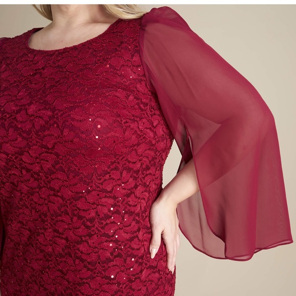Connected Apparel Womens Lace Long Sleeve Sequin Sheath scarlet red Dress size 4 - Picture 3 of 5